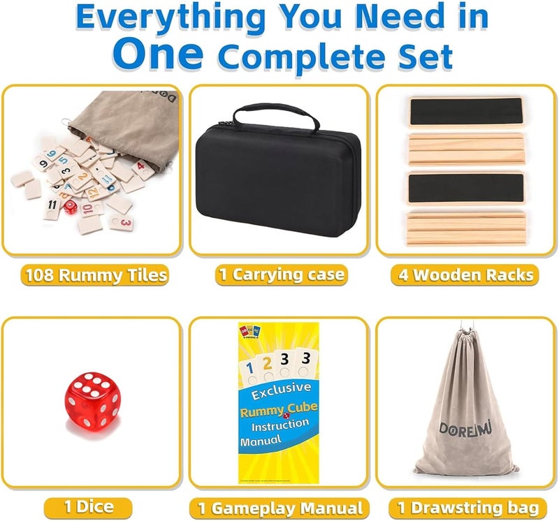 Doreimi Store Upgraded Rummy Cube Game Set 4 Players, Travel Family Board Game for Adults and Kids Age 8+,Birthday Gifts for Women Men Dad Mom （108 Tiles+4 Racks ） - Image 5